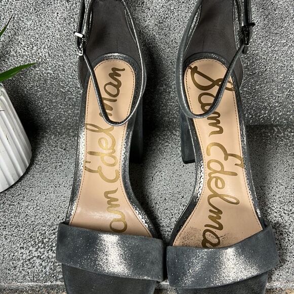 SAM EDELMAN | Yaro Ankle Strap Block Heel Sandals Metallic Pewter Size 9 - Picture 7 of 9